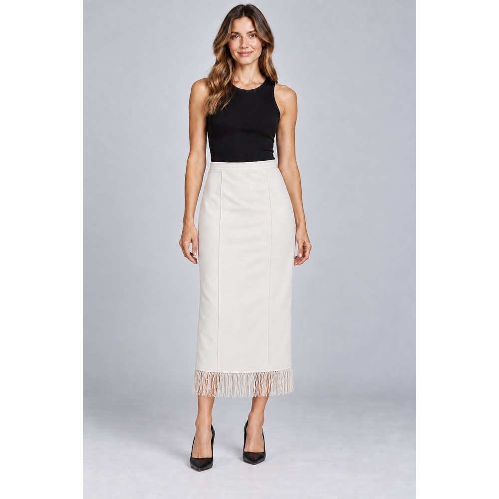 Vince Camuto Cream French Terry Feather Fringe Midi Skirt XL NEW